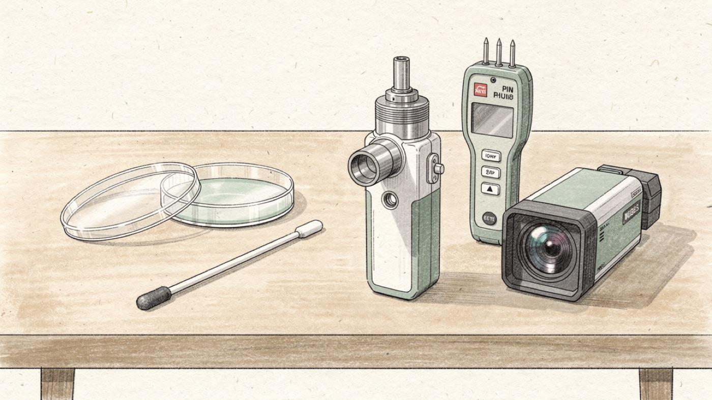 Mold testing kit with petri dish, swab and air sampling pump on a table beside a moisture meter and thermal camera
