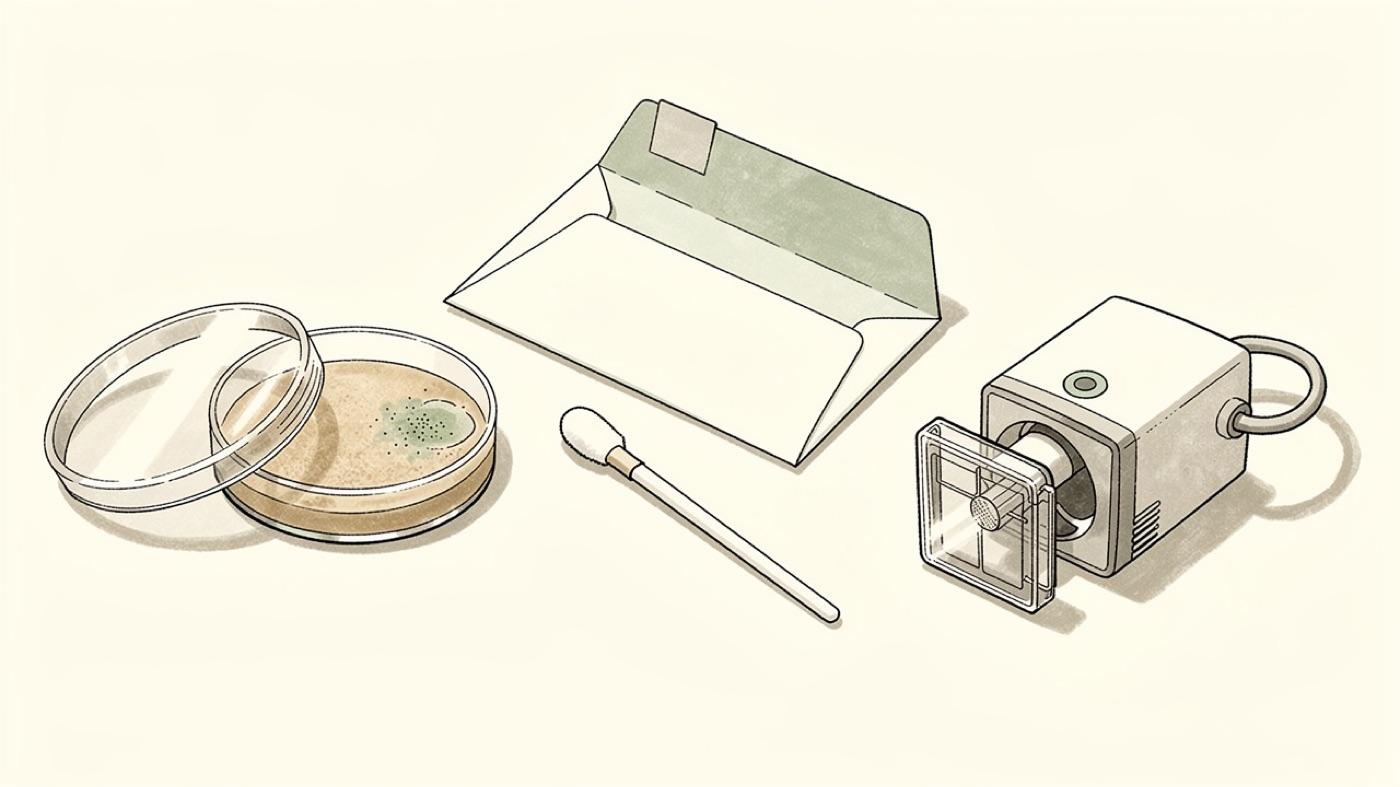 Three mold test kit types laid out: settle plate, swab and lab envelope, and an air pump with a spore cassette