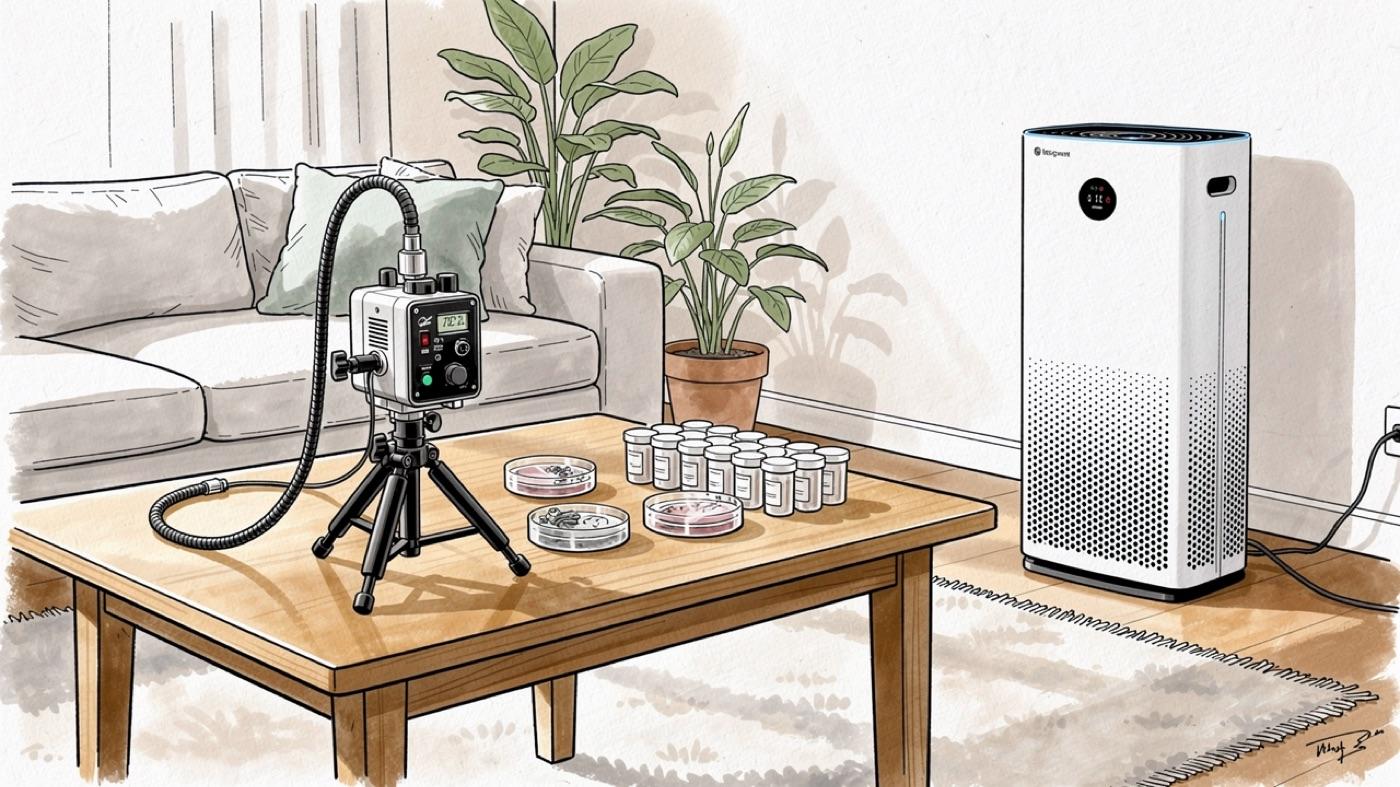 Mold testing in a living room: an air sampling pump, sample cassettes and a HEPA air purifier