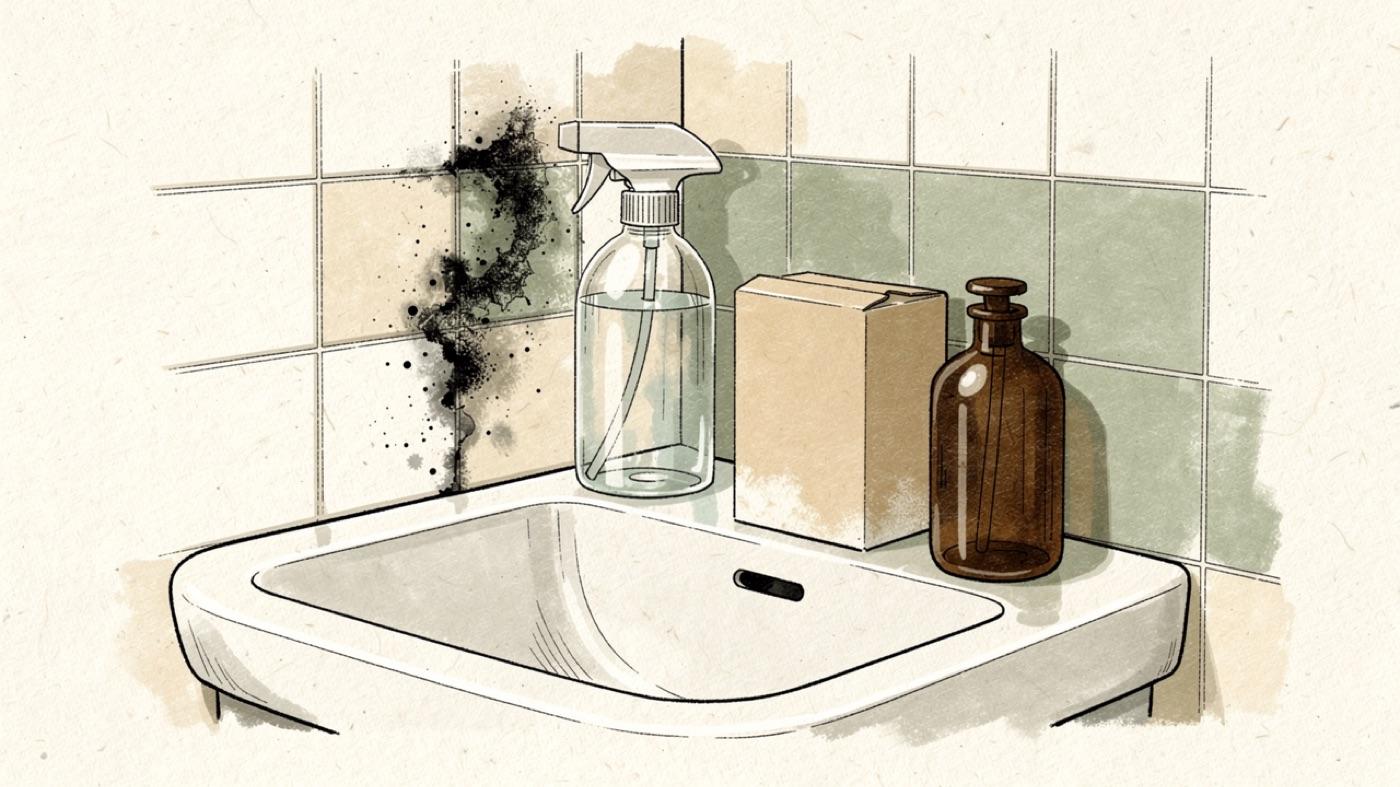 Bathroom wall corner with a small patch of dark mold beside a spray bottle of white vinegar, a box of baking soda and a brown bottle of hydrogen peroxide on the sink