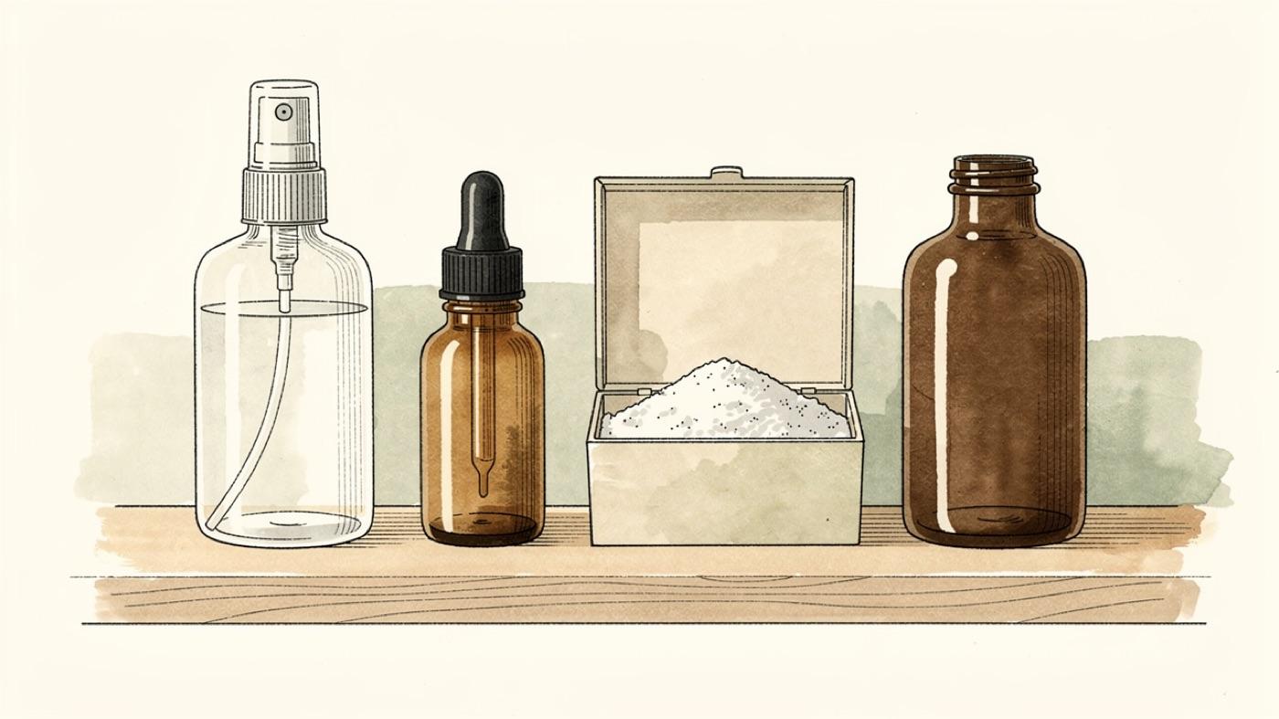 Spray bottle of vinegar, a small bottle of tea tree oil, a box of baking soda and a brown bottle of hydrogen peroxide arranged on a wooden shelf