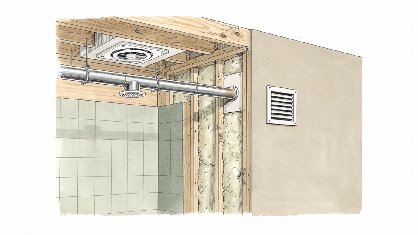 Cutaway of a bathroom exterior wall showing a ceiling exhaust fan duct running to the outside and dry, clean framing behind the tile