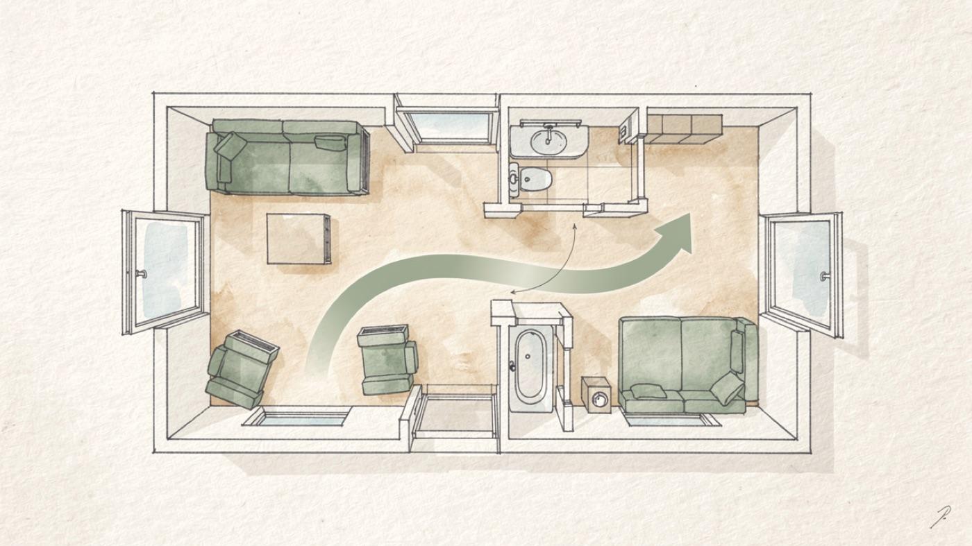 Floor plan of a house with windows open on opposite walls and a straight arrow of airflow passing through the living space between them