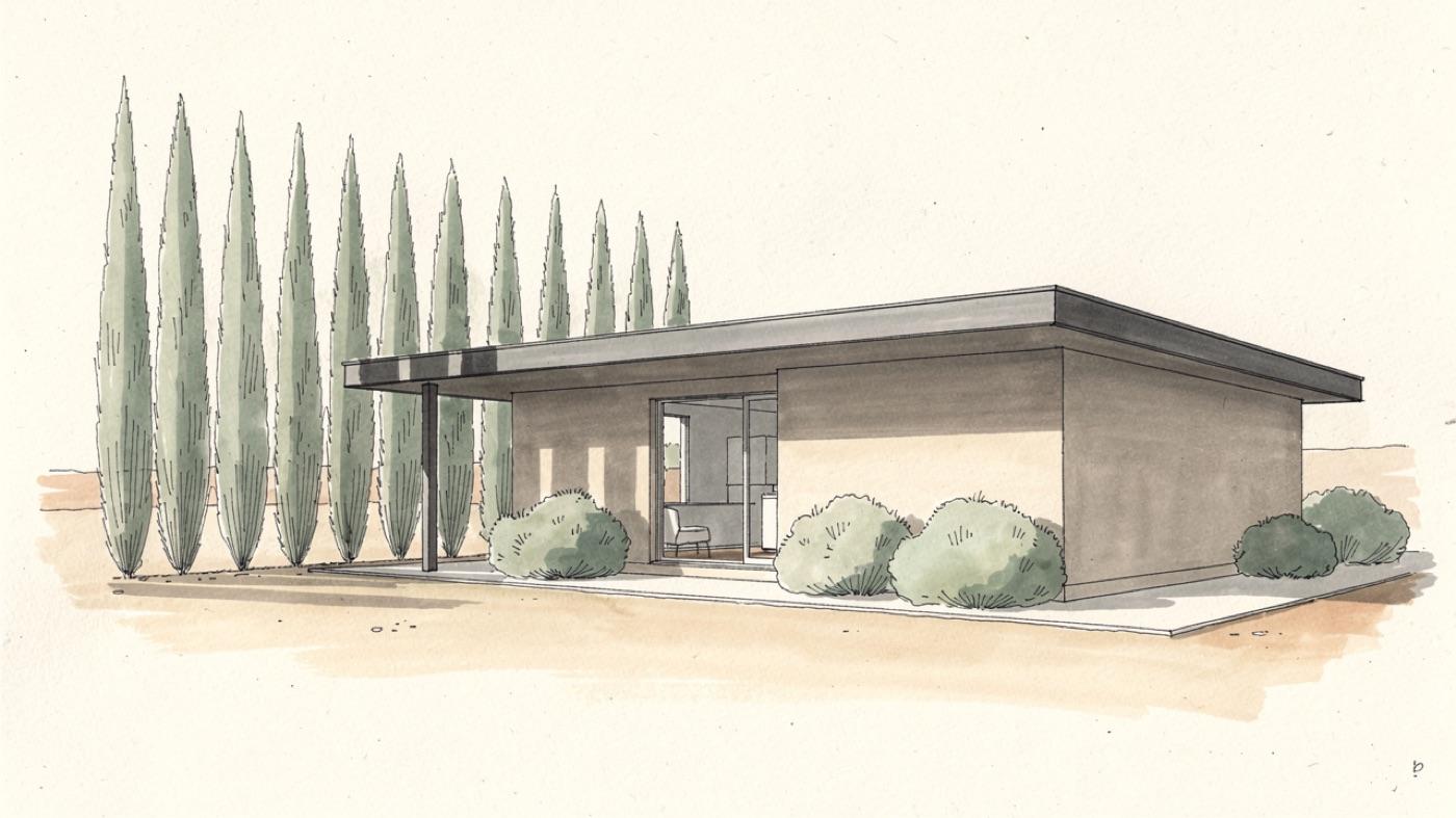A house exterior with a row of tall evergreen trees on the windward side, low shrubs near the wall and a shaded window