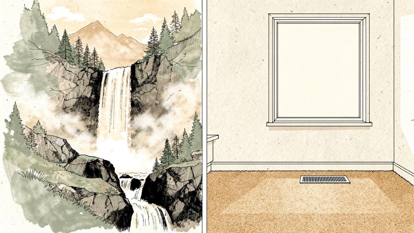 A mountain waterfall and pine forest on one side of the drawing and a sealed living room with a heater vent and synthetic carpet on the other