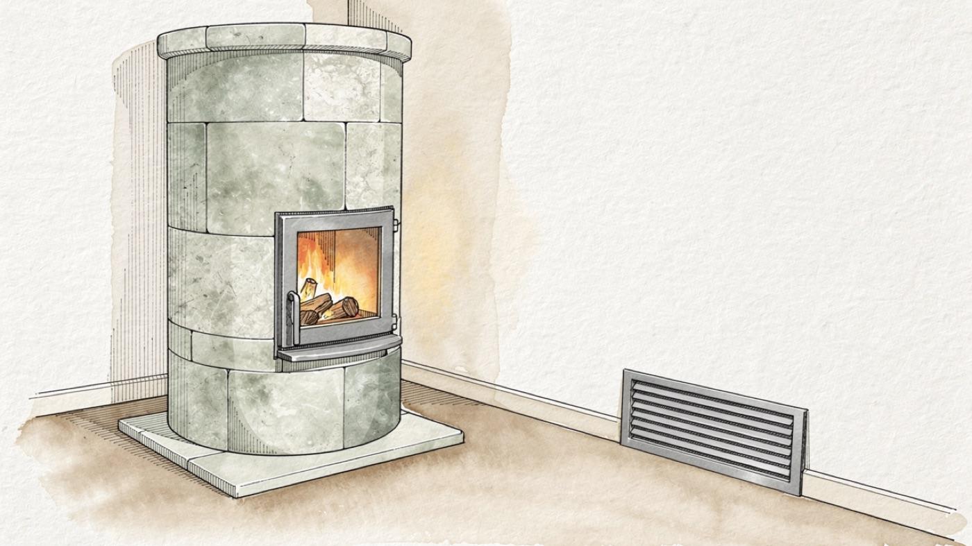 A soapstone masonry heater with a wood fire behind glass beside a metal forced-air register in a wall