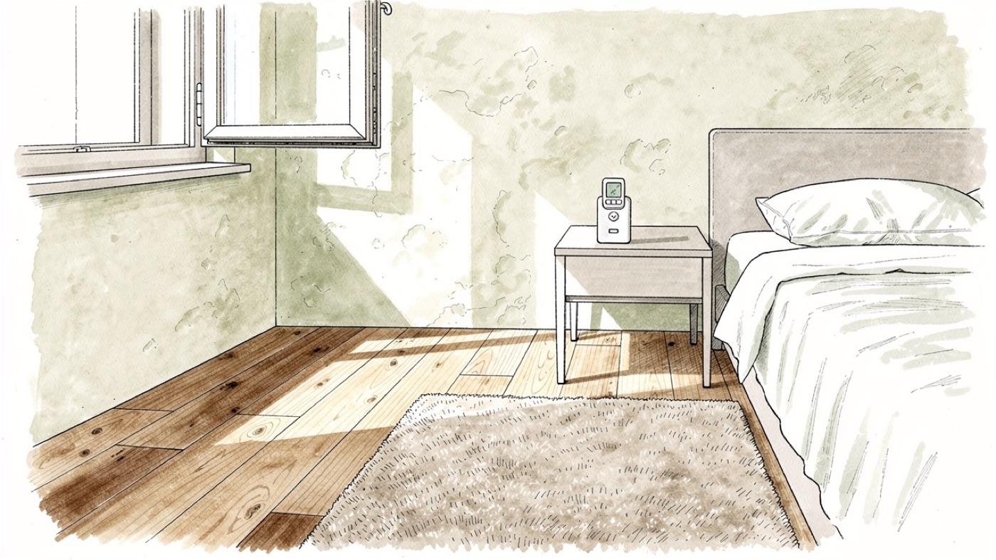 A bedroom with a wool rug on a wood floor, an open window, a plaster wall and a small ion counter on the nightstand