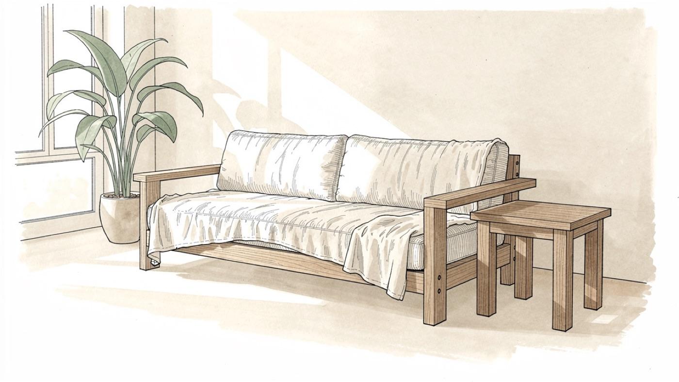 Living room with a solid wood sofa frame, wool cushions, and a linen slipcover, with a small plant and a wood side table
