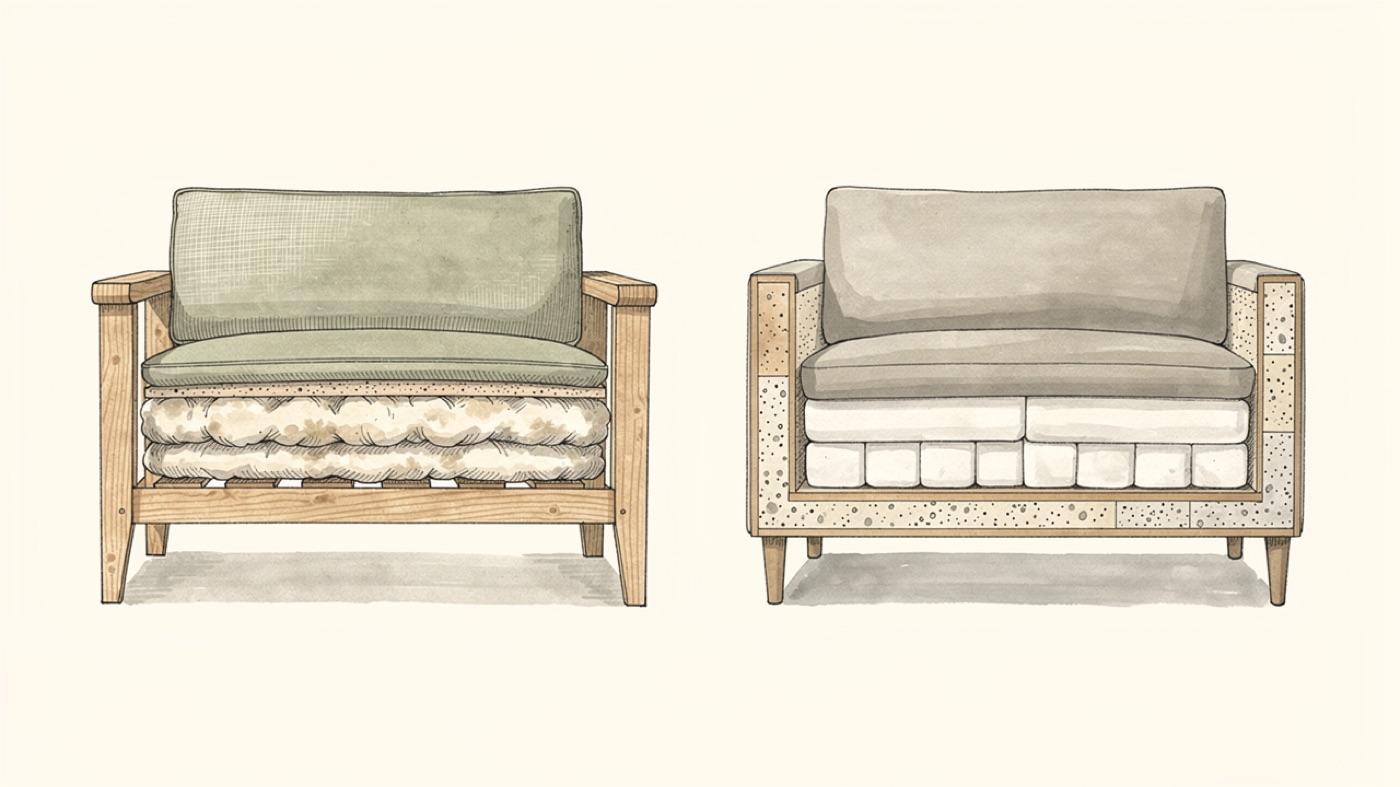 Cutaway of a sofa showing a solid hardwood frame, natural latex and wool layers, and organic cotton fabric, next to a second cutaway of pressboard, foam, and synthetic fabric