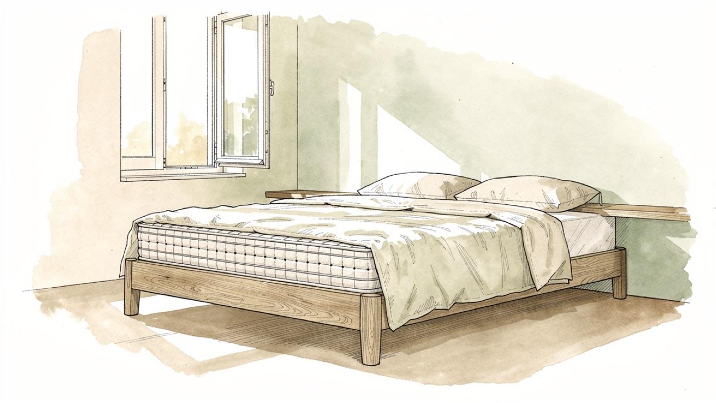 Bedroom with a solid wood bed frame, wool and latex mattress, and cotton bedding, with an open window