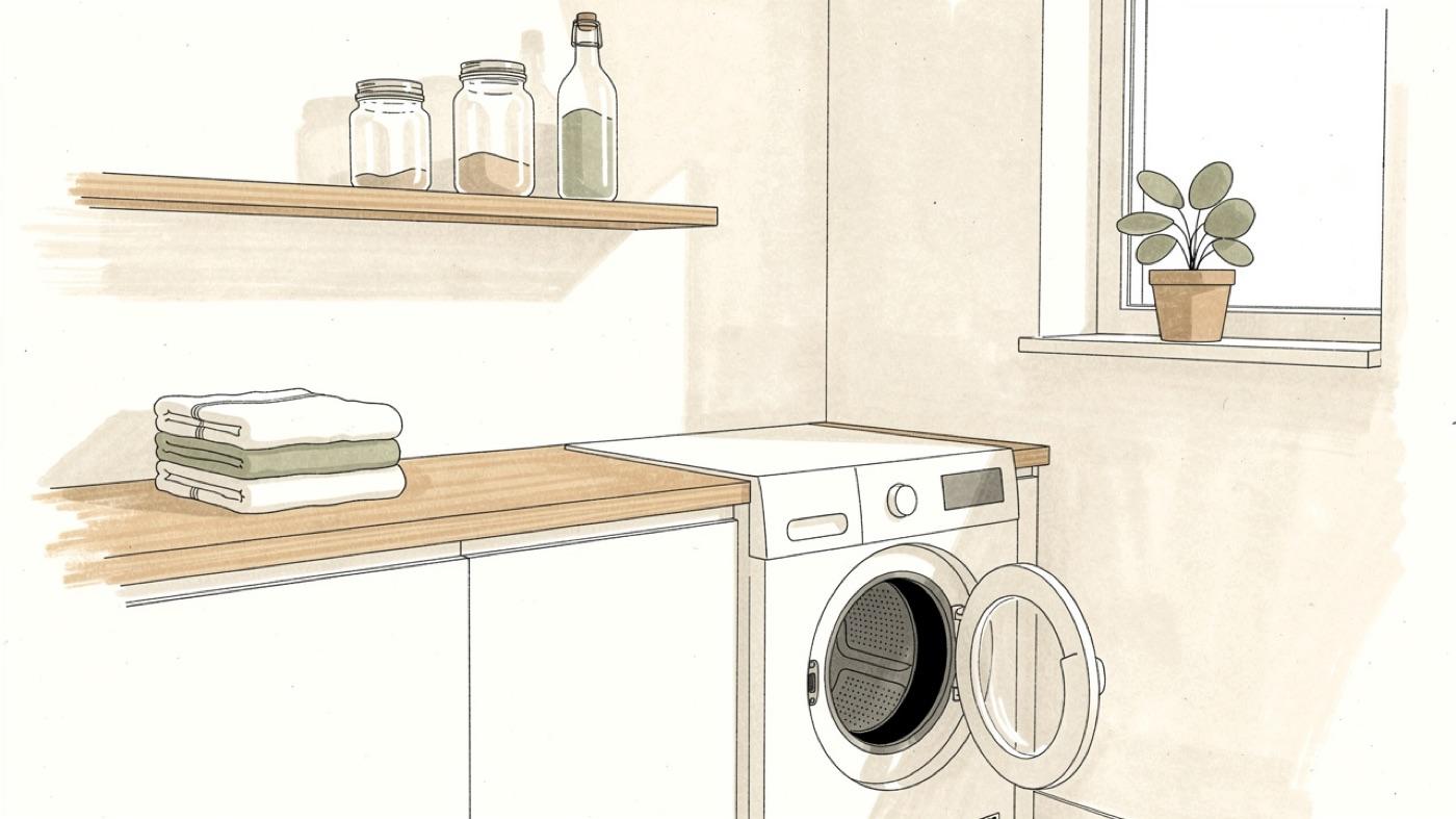 Laundry room with a front-loading washer, its door left open, beside a shelf of glass jars holding baking soda, hydrogen peroxide and a cleaning concentrate