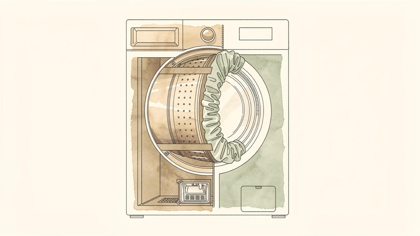 Cutaway of a washing machine drum showing the rubber door gasket fold and the drain filter at the base
