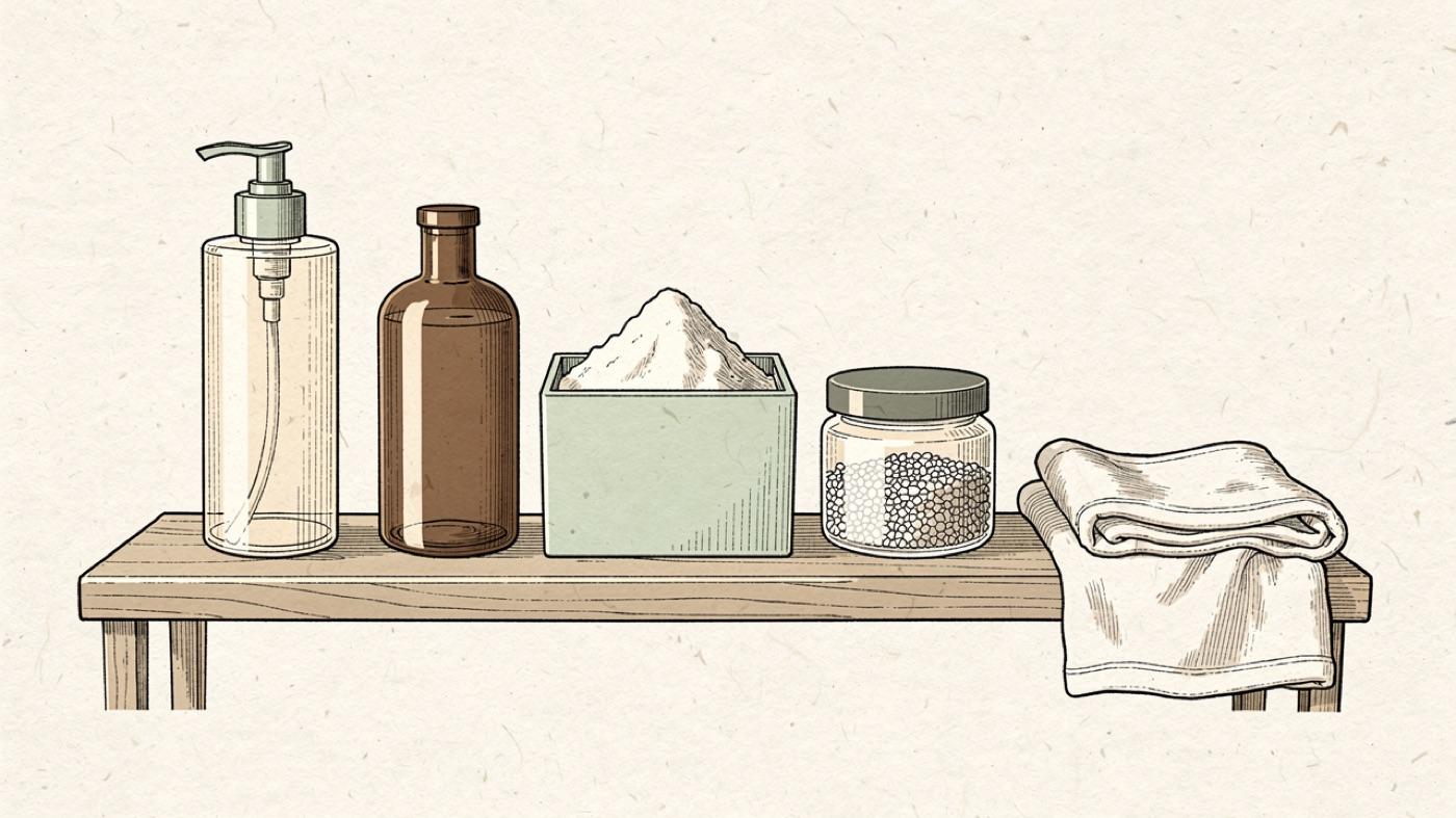 Four boosters lined up on a laundry shelf, a cleaning concentrate, a brown bottle of hydrogen peroxide, a box of baking soda and an enzyme jar