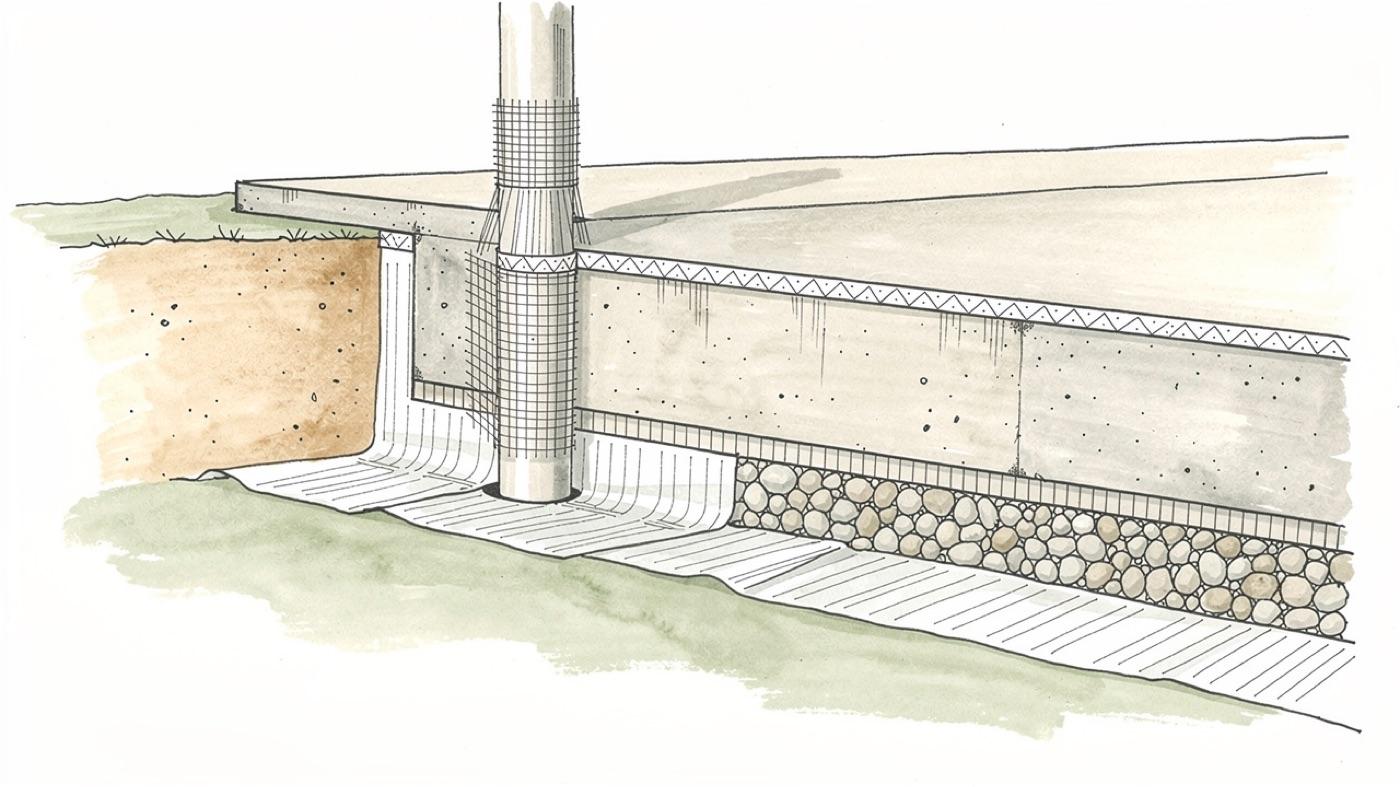 Cutaway of a house foundation showing a physical termite barrier under the slab, stainless mesh around a pipe penetration, and a gravel strip along the exterior wall