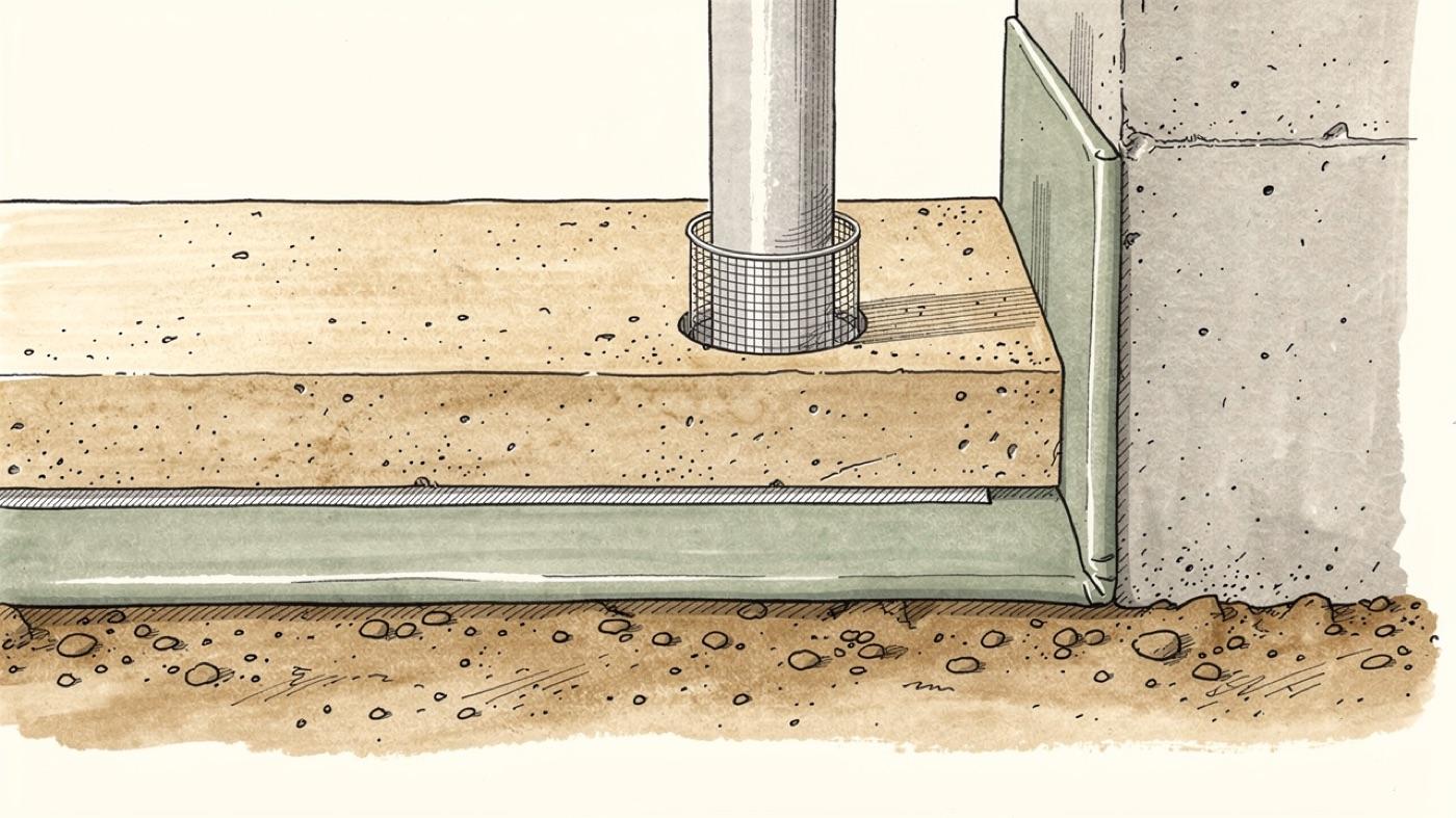 Close view of a slab edge with a wrapped barrier membrane turning up the stem wall and fine stainless steel mesh collar around a plumbing pipe
