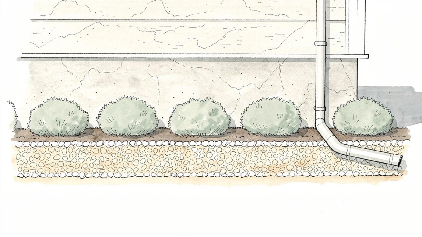 Exterior of a house with a gravel ground break along the foundation, shrubs set back from the wall, and a downspout directing water away