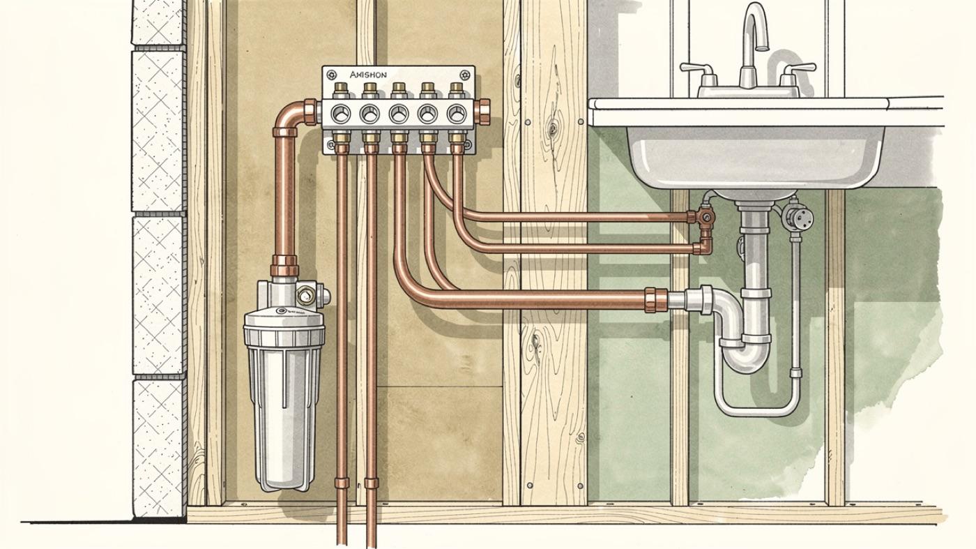 Cutaway of a house wall with a plumbing manifold, copper and PEX lines running to a kitchen sink, and a whole-house filter on the main supply