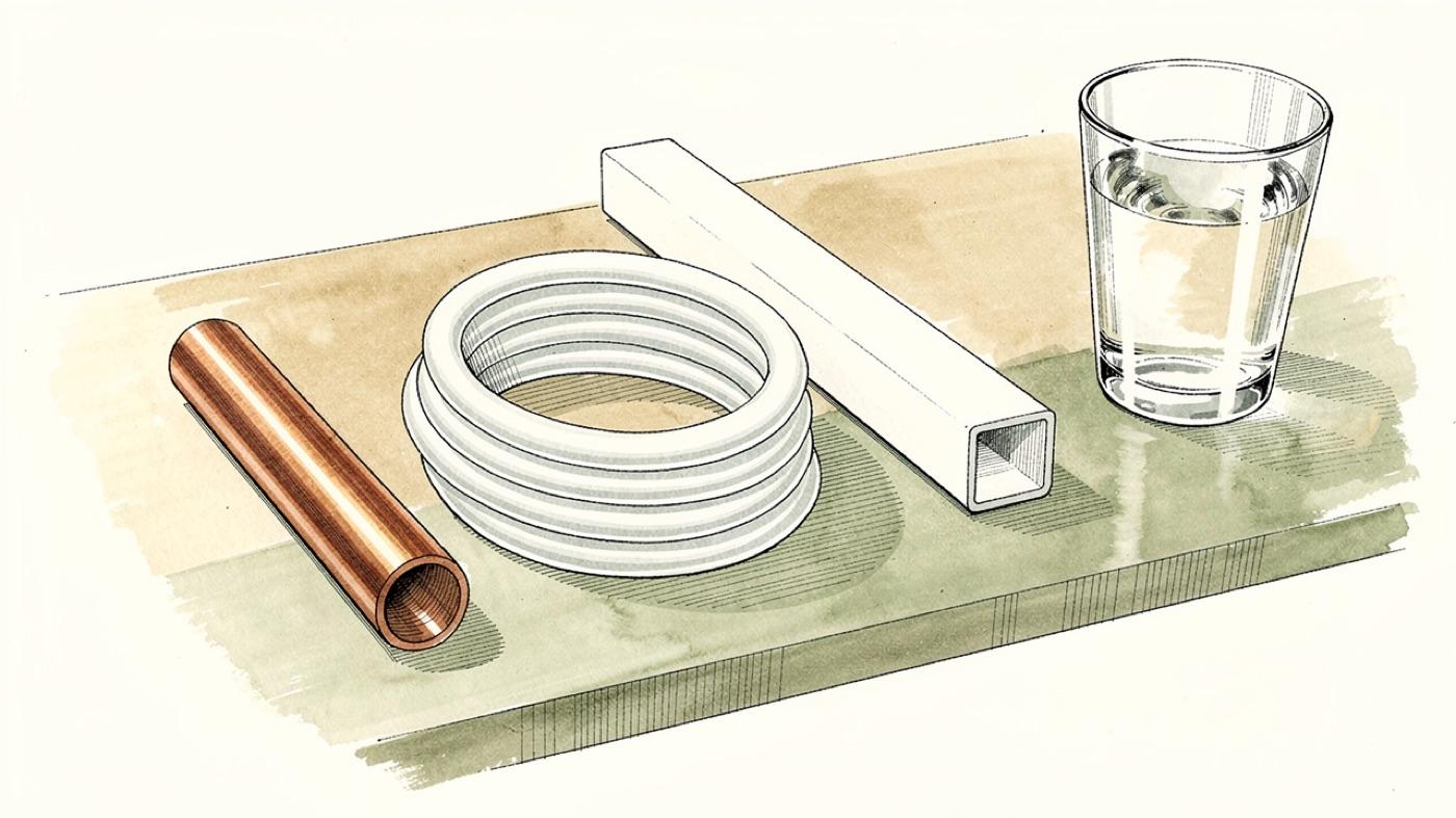 Three pipe samples on a workbench, a copper pipe, a coil of white PEX tubing and a white PVC pipe, beside a glass of clear water