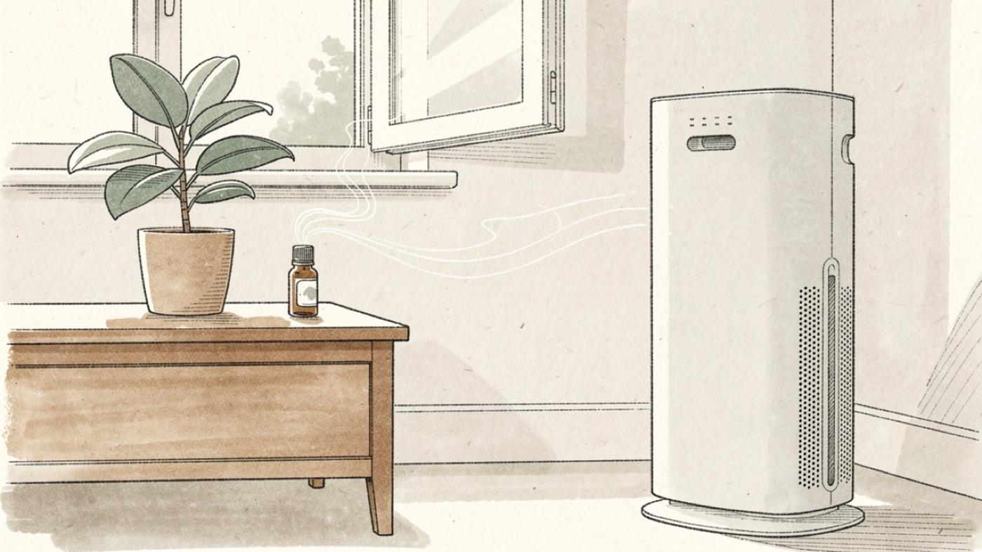 Living room with a portable air purifier on the floor and faint reaction wisps rising from a wood table, a rubber plant and a bottle of essential oil nearby