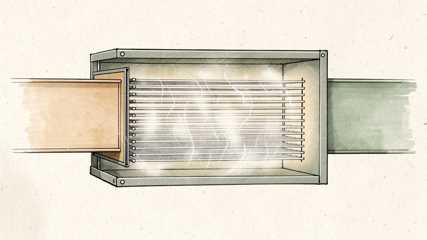 Cutaway of an electronic air cleaner cabinet showing charged metal plates with a faint corona glow between them