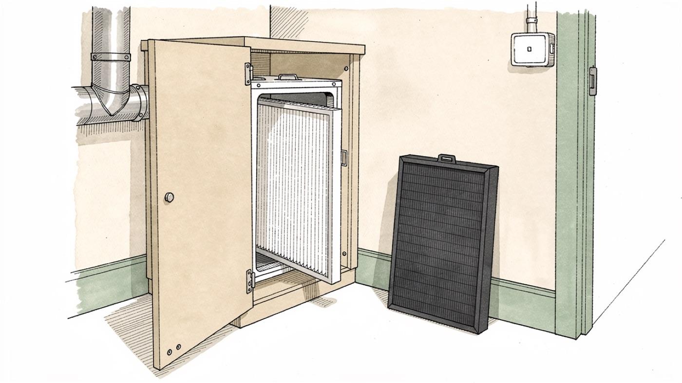 Deep pleated media filter and carbon filter standing beside an open furnace filter cabinet in a utility closet