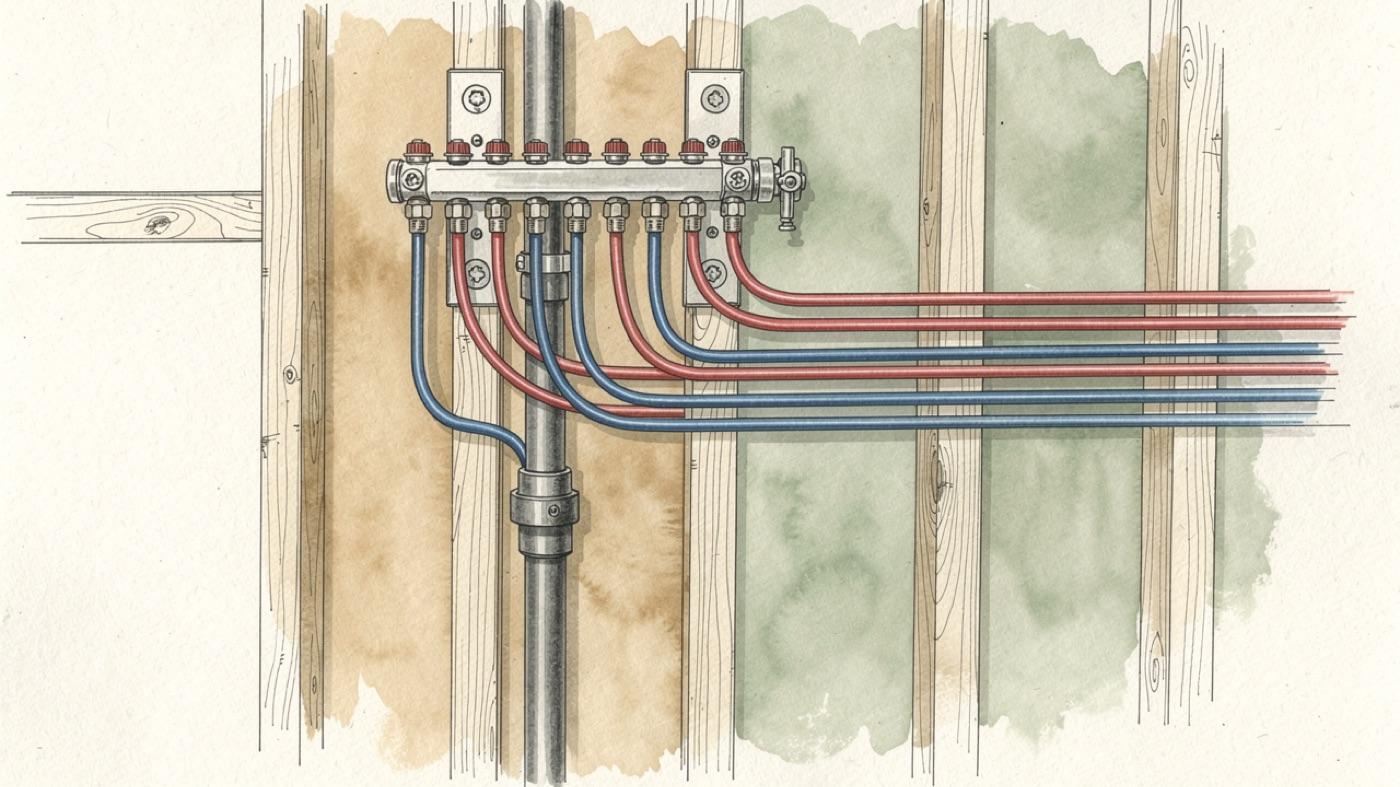 Wall-mounted plumbing manifold with a single main supply entering and a row of individual hot and cold lines fanning out to fixtures