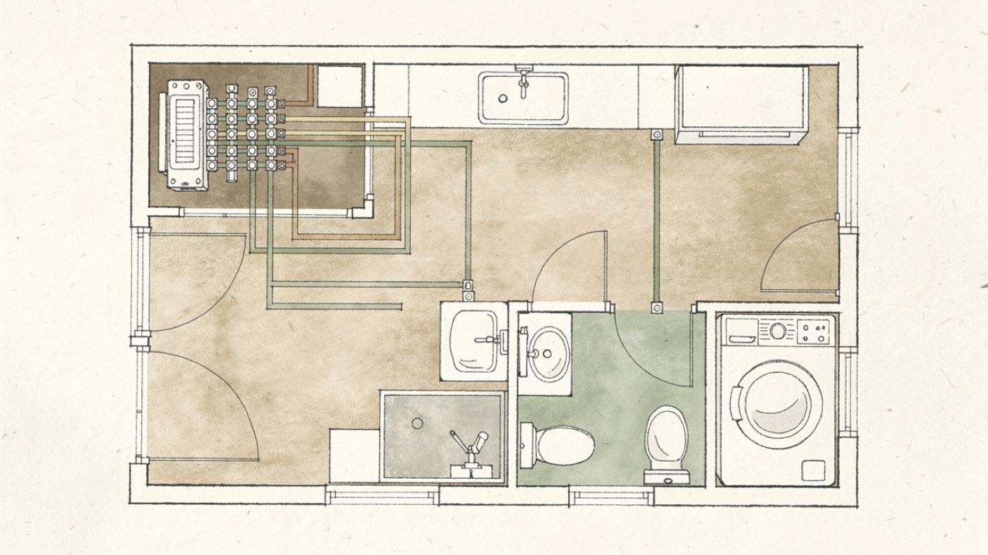 Diagram of a home plan with a manifold in the utility room and separate home-run lines to a kitchen sink, two bathrooms, and a laundry