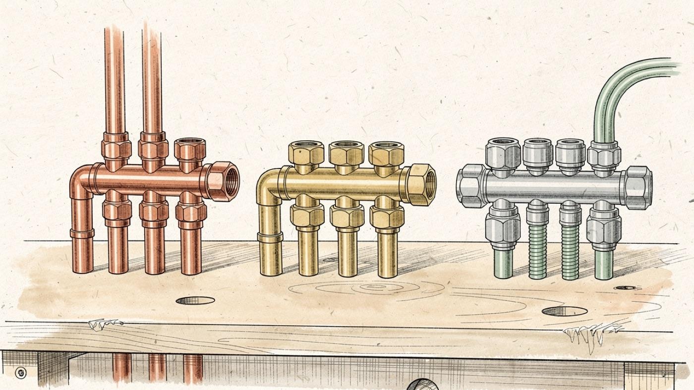 Three manifold types side by side, a copper sweat manifold, a brass compression manifold, and a PEX manifold with press fittings