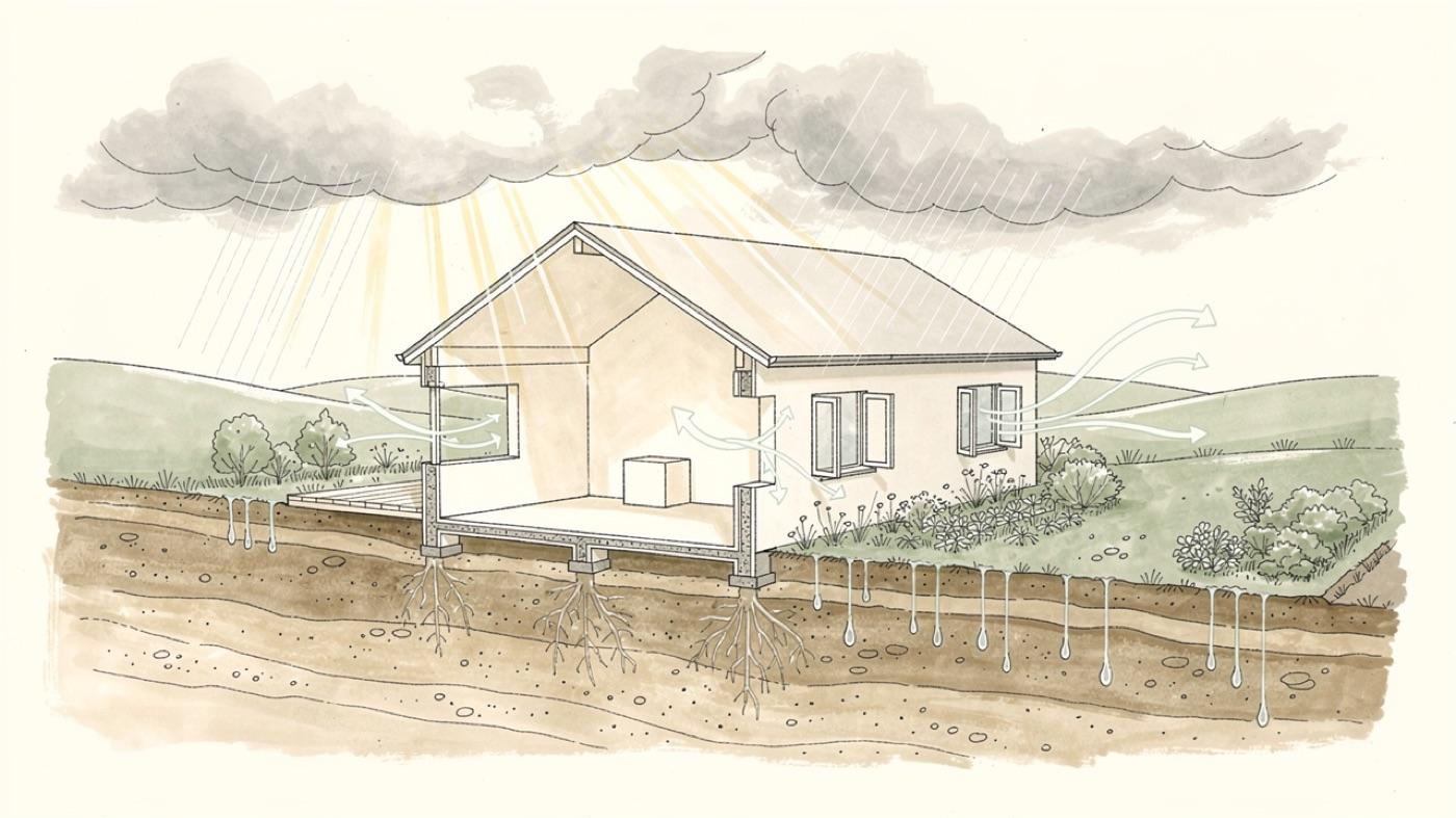 Cutaway of a small house drawn as a living organism with air, water, earth and sunlight moving through its walls and roof