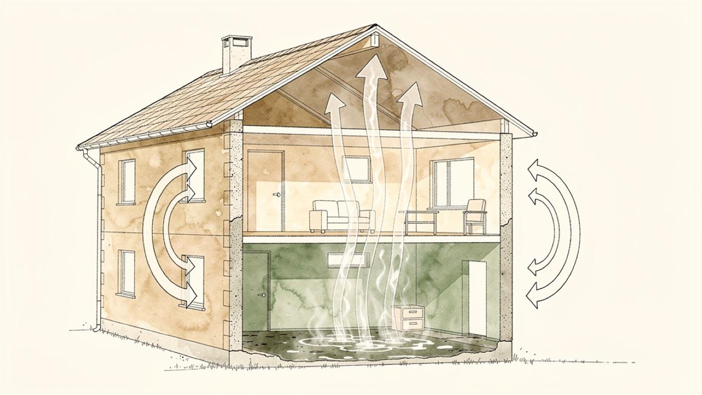 Cutaway of a house showing heat, air and moisture moving through the walls, roof and basement