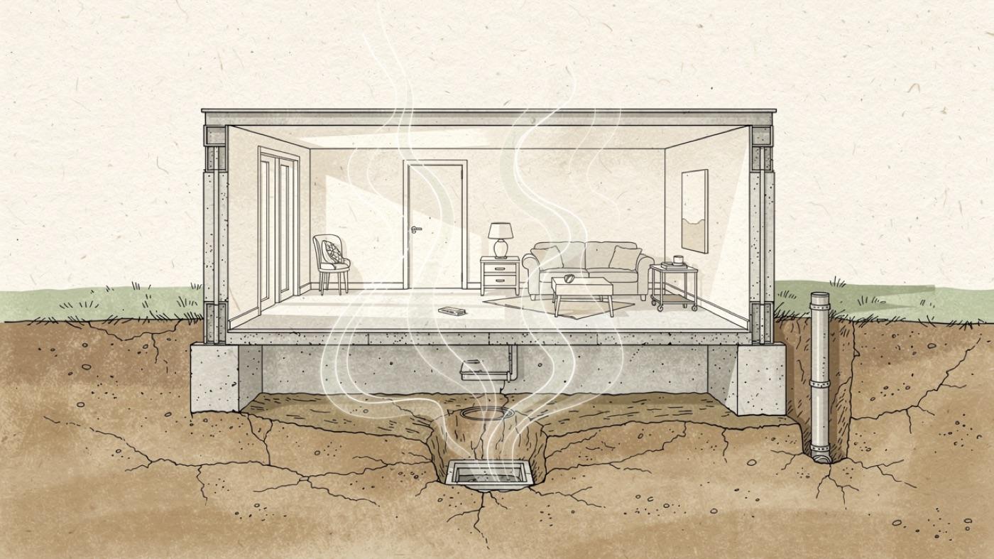 Cutaway of a house on a slab with faint wisps of gas rising from the soil through cracks, a floor drain and a pipe penetration into the basement