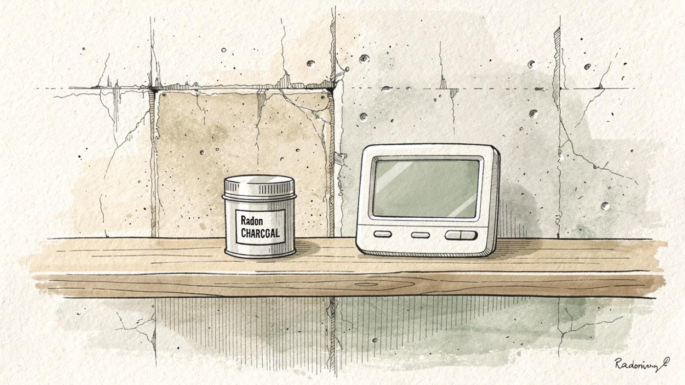 Two radon test kits on a basement shelf, a small charcoal canister and a digital continuous monitor with a display
