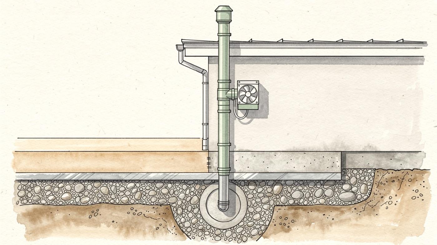 Cutaway of a slab with a gravel bed, a sealed vapor barrier and a vertical vent pipe running up through the house to a fan and out the roof