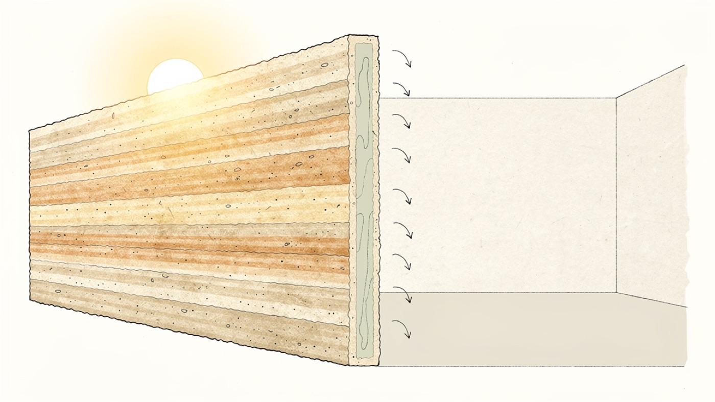 Cutaway of a thick layered rammed earth wall with the sun low on one side and small arrows showing heat moving slowly through the wall toward the interior