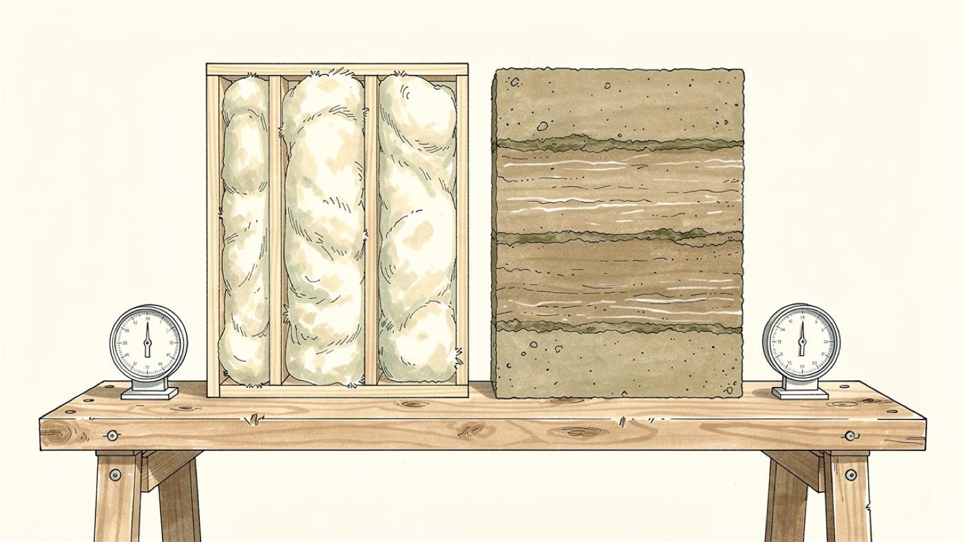 Two wall sections on a workbench, a thin framed wall filled with fiberglass batts and a thick rammed earth block, each with a small thermometer beside it