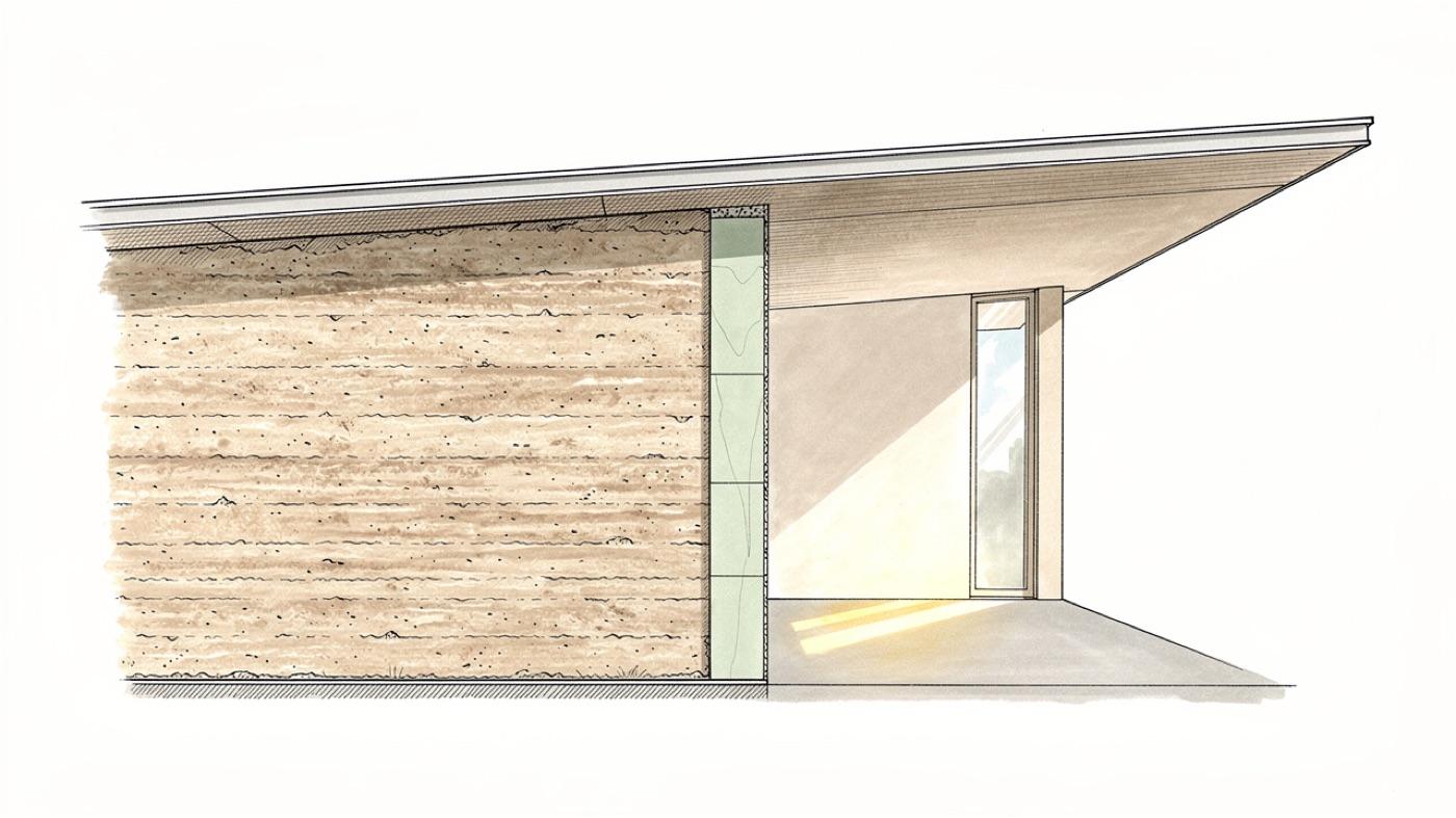 Cutaway of a rammed earth wall with a layer of rigid insulation sandwiched in the middle, under a deep roof overhang with a tall window beside it