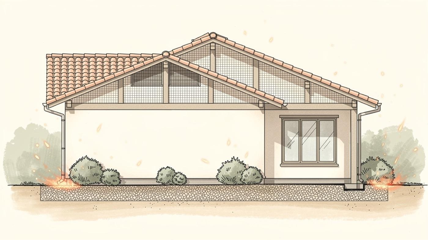 Cutaway of a house in a wildfire zone showing a Class A tile roof, fine metal mesh over the attic vents, tempered multi-pane windows and a gravel band along the foundation with vegetation set well back