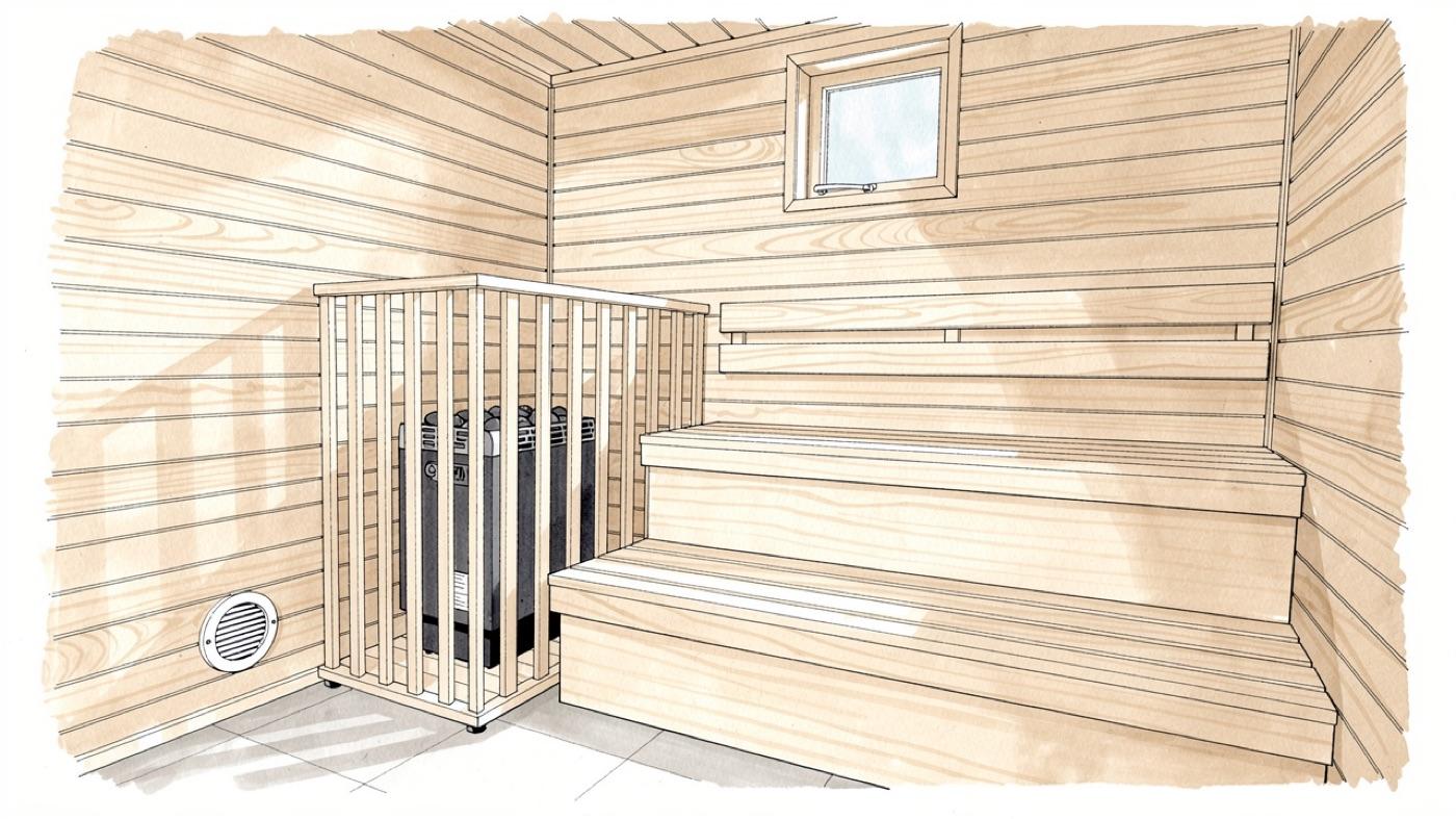 Interior of a small cedar sauna with tiered benches, a heater behind a wood guard, a small window and a vent grille near the floor