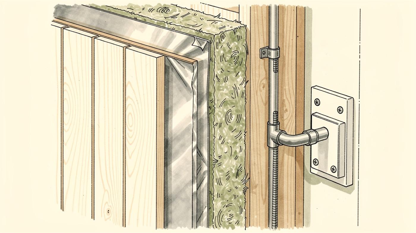 Cutaway of a sauna wall showing cedar boards, an air gap, foil vapor barrier and mineral wool, with the heater wiring run in metal conduit