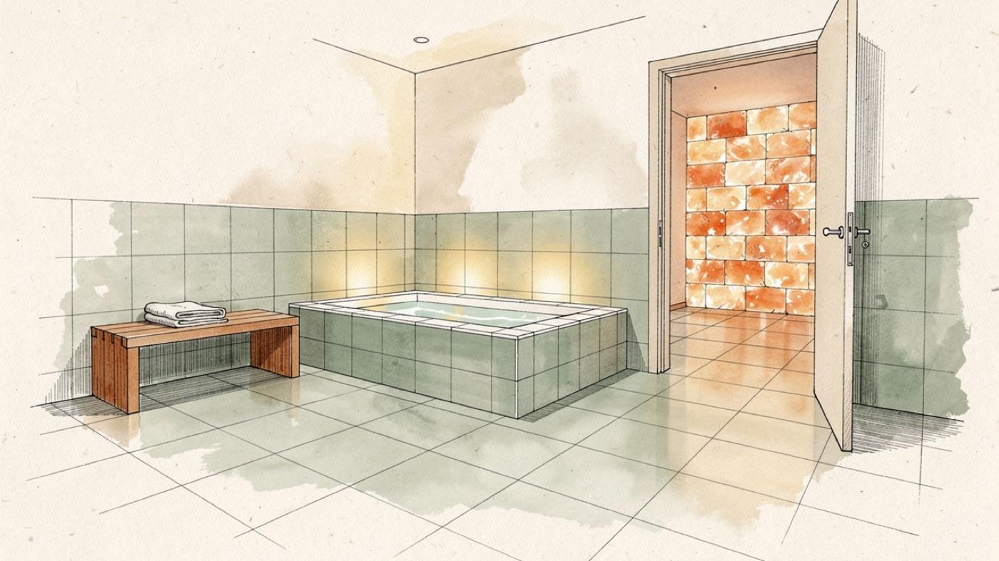 A soaking tub in a tiled wellness room beside a doorway into a small salt room with backlit salt brick walls