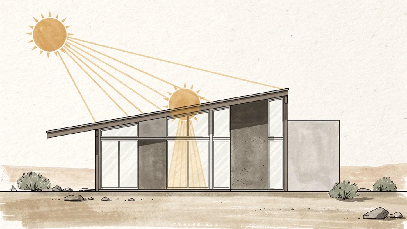 Cutaway of a single-story house with the summer sun high overhead blocked by a deep roof overhang and the low winter sun passing under it onto a thick interior wall