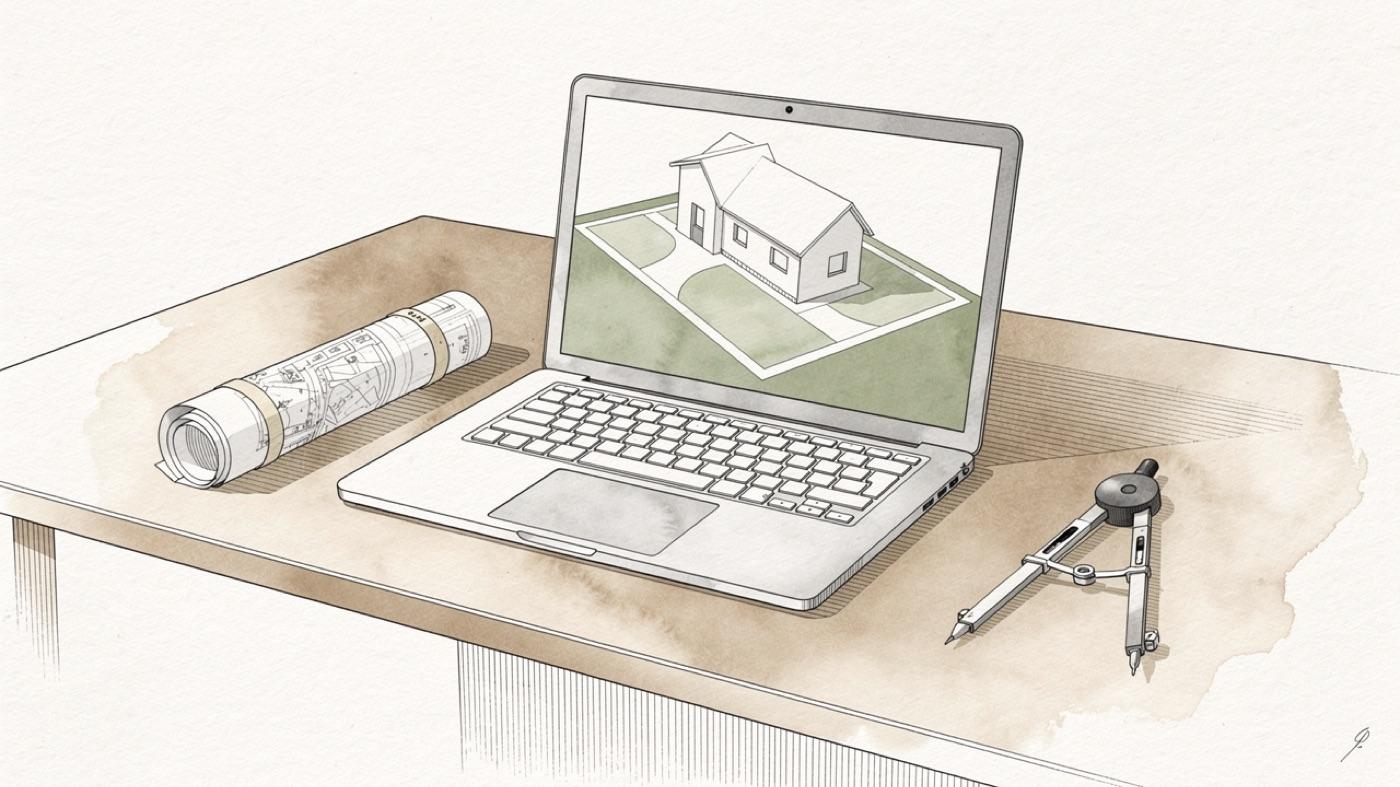 A laptop on a drafting table showing a three-dimensional site model with long shadows cast across the lot at two times of year