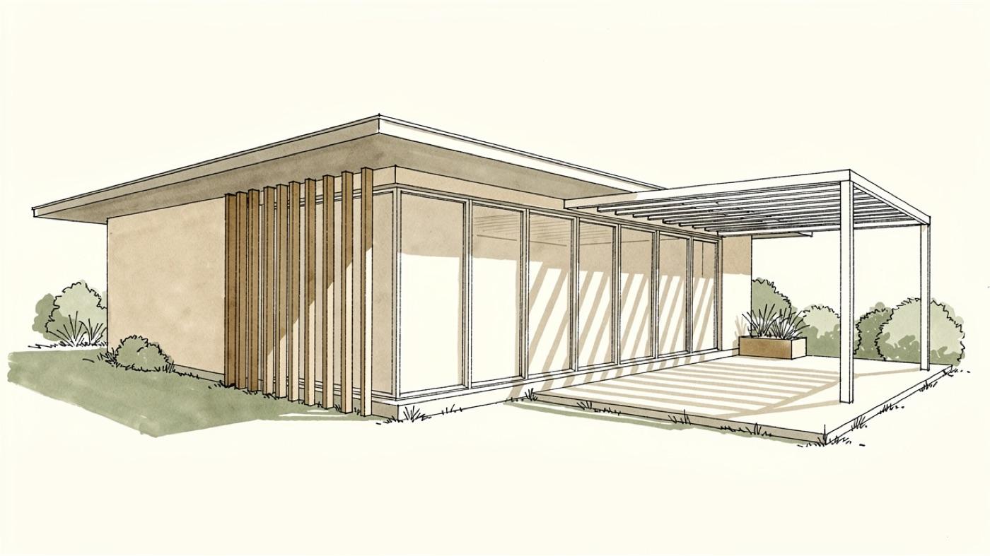 Exterior of a house with a deep eave over south windows, vertical fins on the west wall and a pergola shading a patio