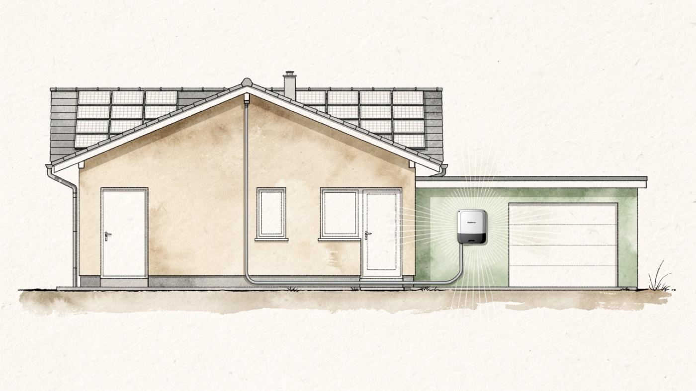 Cutaway of a house with rooftop solar panels, DC conduit running down an exterior wall to an inverter in a detached garage, and faint field lines contained inside the metal conduit