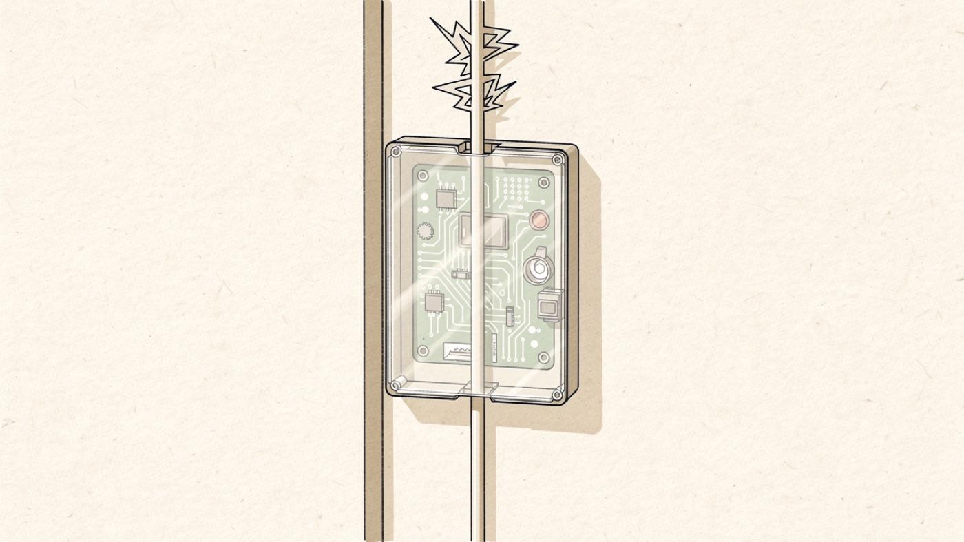 Cutaway of a solar inverter box showing internal switching electronics with jagged noise lines traveling backward up the DC cables toward the roof panels