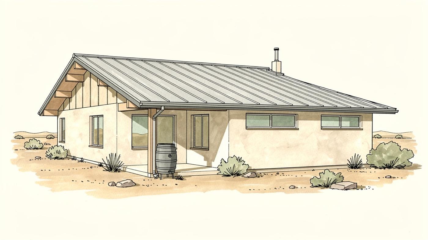 Desert-modern house with a light gray standing seam metal roof, raised vertical seams, deep overhangs and a ridge vent along the peak
