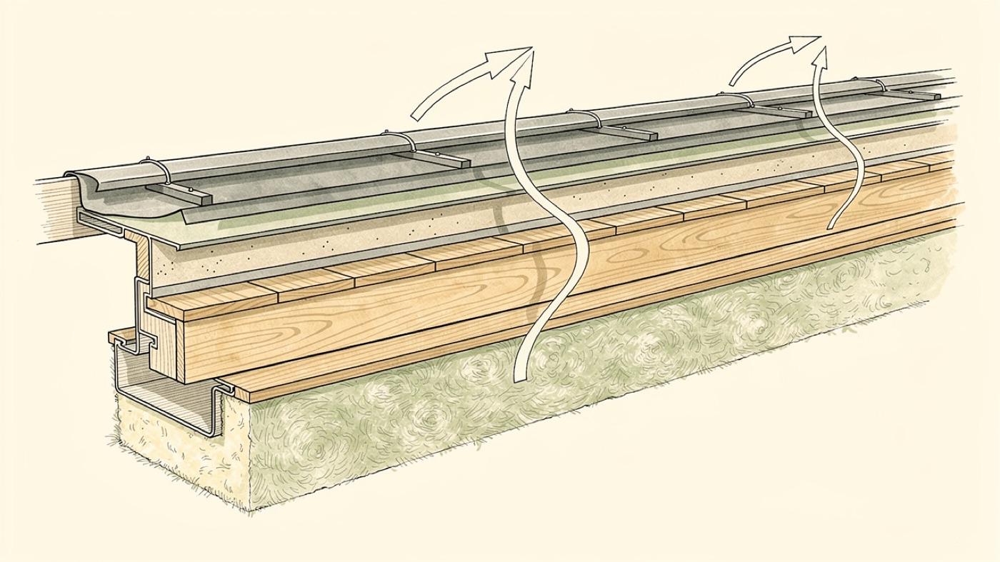 Cutaway of a roof assembly showing metal panels, underlayment, a ventilated air gap, roof deck, mineral wool insulation, and soffit and ridge vents with airflow arrows