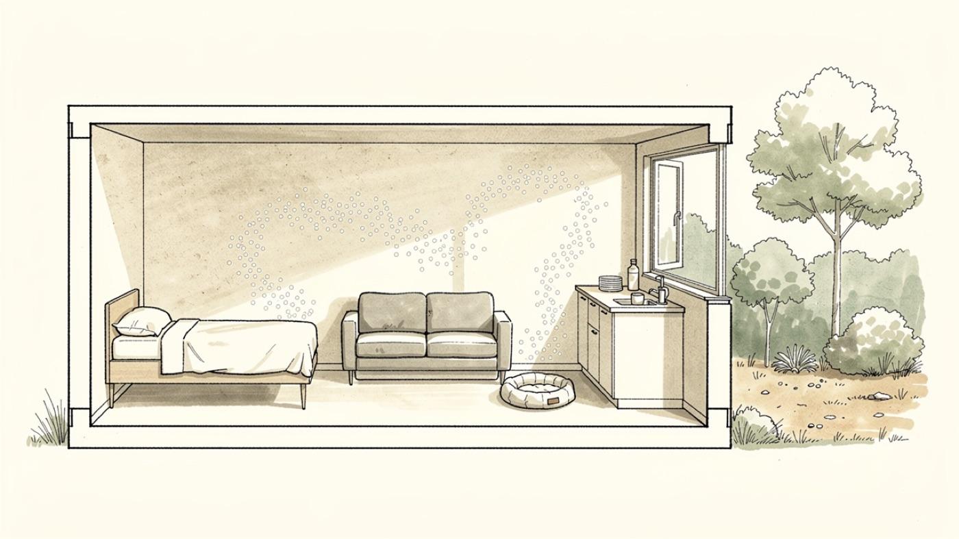 Cutaway of a house with faint clusters of tiny dots drifting between a bed, a sofa, a kitchen counter and a dog bed, and a window open to a garden