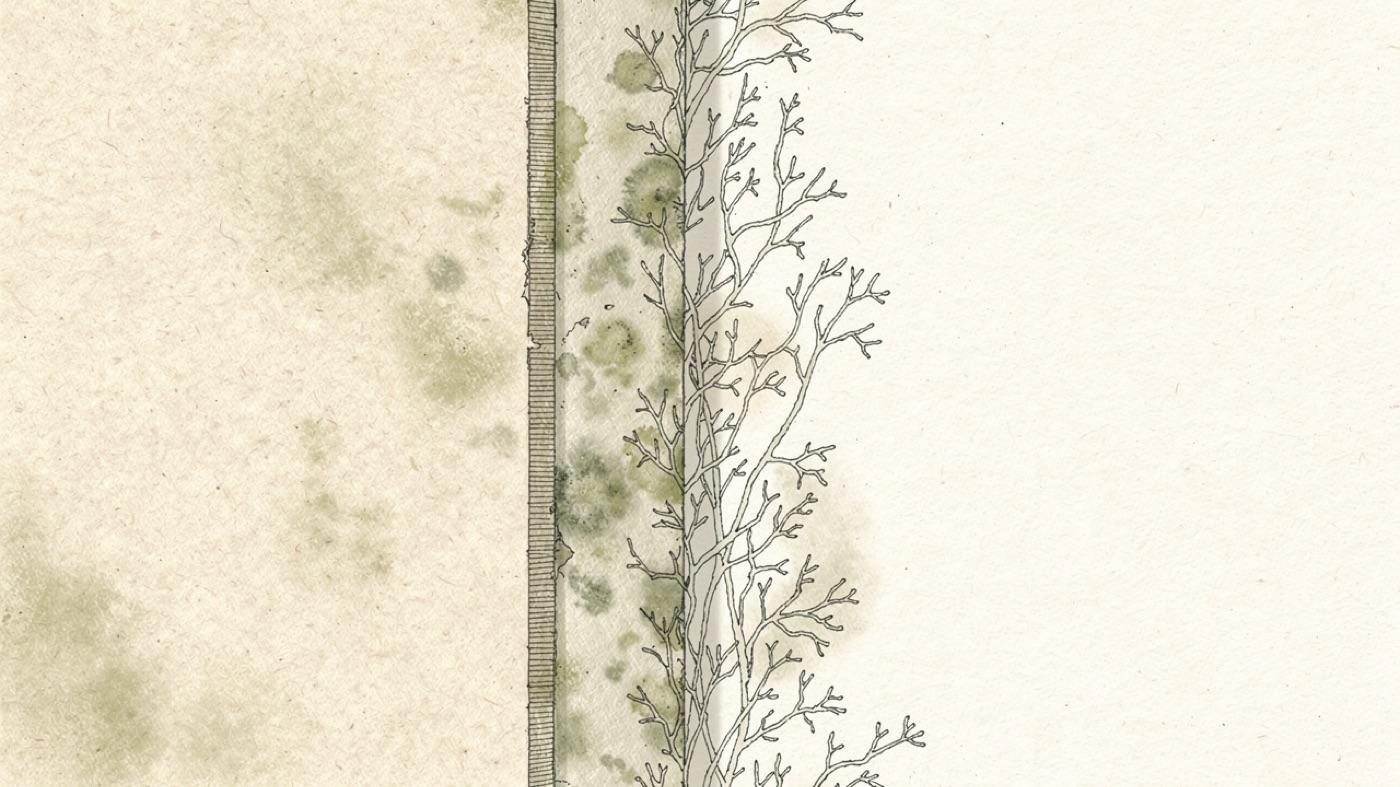 Magnified view of a damp wall corner with fungal threads spreading across drywall paper beside a healthy dry section