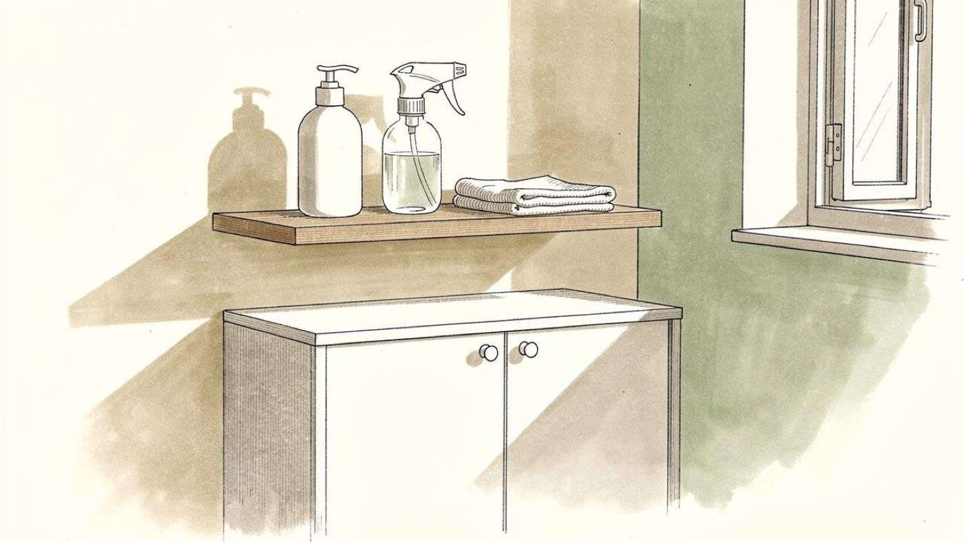 A cleaning shelf with a bottle of plain soap, a spray bottle of vinegar and a cloth, and a separate cabinet of antibacterial sprays with its door closed